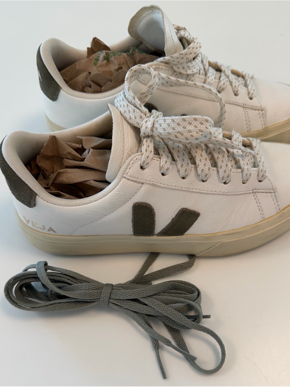Veja women’s Compo Leather Sneakers in White with Olive Accents - size 8